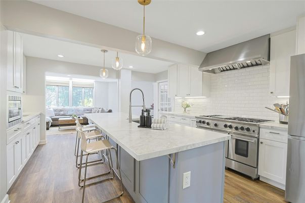 Interior, Kitchen, Pendant Lights, Recessed Lighting, Stainless Steel Appliances, Wood Texture Flooring