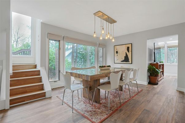 Dining room, Interior, Pendant Lights, Wood Texture Flooring