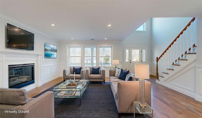 Fireplace, Interior, Living room, Recessed Lighting, Wood Texture Flooring