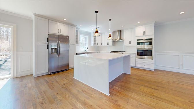 Interior, Kitchen, Pendant Lights, Recessed Lighting, Stainless Steel Appliances, Wood Texture Flooring
