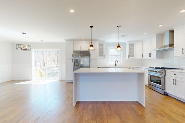 Interior, Kitchen, Pendant Lights, Recessed Lighting, Stainless Steel Appliances, Wood Texture Flooring