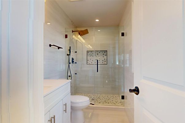 Bathroom, Glass Shower, Interior, Recessed Lighting