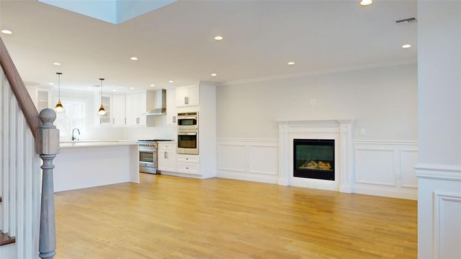 Fireplace, Interior, Kitchen, Pendant Lights, Recessed Lighting, Stainless Steel Appliances, Wood Texture Flooring