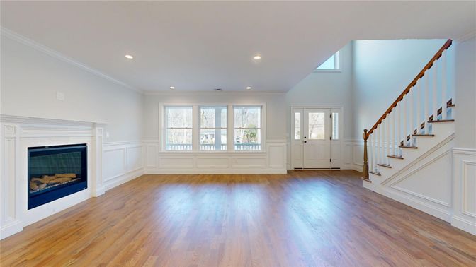Empty room, Fireplace, Interior, Recessed Lighting, Wood Texture Flooring