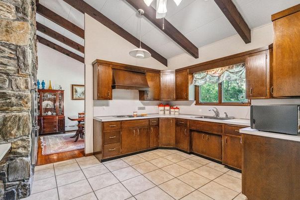 Interior, Kitchen, Pendant Lights, Wooden Beams, Wood Texture Flooring
