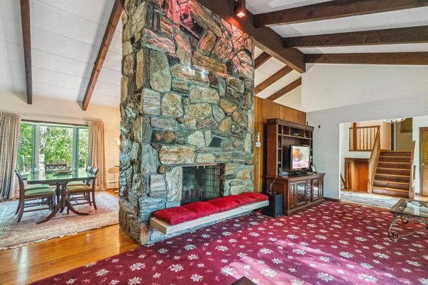 Dining room, Fireplace, Interior, Stone Walls, Wooden Beams, Wood Texture Flooring