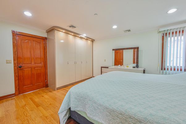 Bedroom, Interior, Recessed Lighting, Wood Texture Flooring