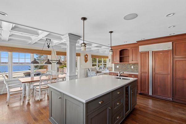 Dining room, Interior, Kitchen, Pendant Lights, Recessed Lighting, Water, Wood Texture Flooring