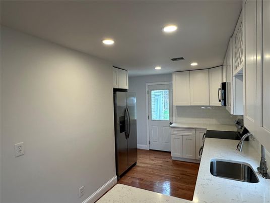 Interior, Kitchen, Recessed Lighting, Wood Texture Flooring
