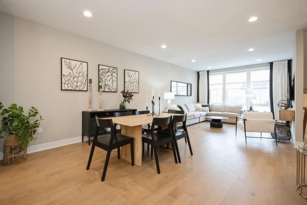 Dining room, Interior, Living room, Recessed Lighting, Wood Texture Flooring