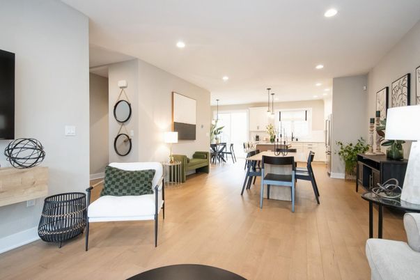 Dining room, Interior, Pendant Lights, Recessed Lighting, Wood Texture Flooring