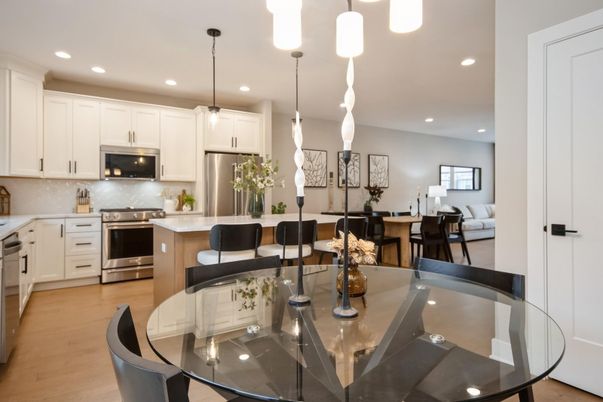 Dining room, Interior, Kitchen, Pendant Lights, Recessed Lighting, Stainless Steel Appliances, Wood Texture Flooring