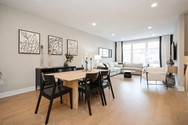 Dining room, Interior, Living room, Recessed Lighting, Wood Texture Flooring