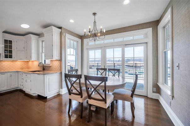 Chandelier, Dining room, Interior, Kitchen, Recessed Lighting, Wood Texture Flooring
