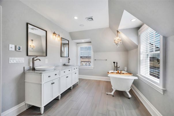 Bathroom, Dual Sink Vanities, Free Standing Baths, Interior, Recessed Lighting, Wood Texture Flooring