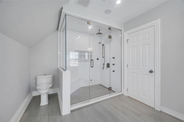 Bathroom, Glass Shower, Interior, Recessed Lighting, Wood Texture Flooring