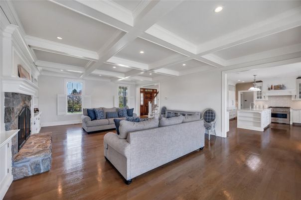 Fireplace, Interior, Kitchen, Living room, Pendant Lights, Recessed Lighting, Stainless Steel Appliances, Wood Texture Flooring