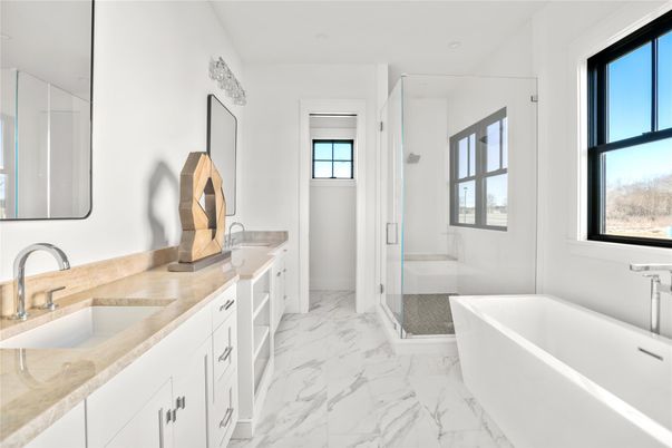 Bathroom, Dual Sink Vanities, Free Standing Baths, Glass Shower, Interior, Marble
