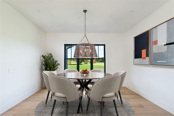 Dining room, Interior, Pendant Lights, Wood Texture Flooring
