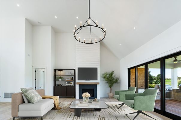 Fireplace, Interior, Living room, Pendant Lights, Recessed Lighting, Wood Texture Flooring