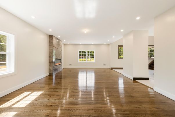 Empty room, Fireplace, Interior, Recessed Lighting, Wood Texture Flooring
