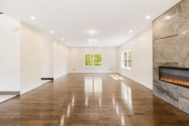 Empty room, Fireplace, Interior, Recessed Lighting, Wood Texture Flooring