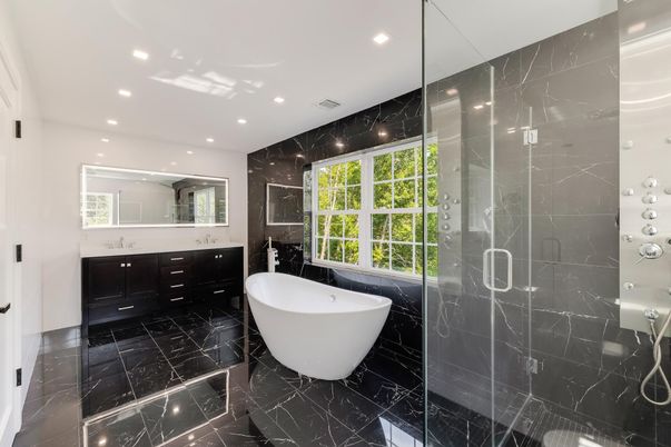 Bathroom, Dual Sink Vanities, Free Standing Baths, Glass Shower, Interior, Marble, Marble Walls, Recessed Lighting