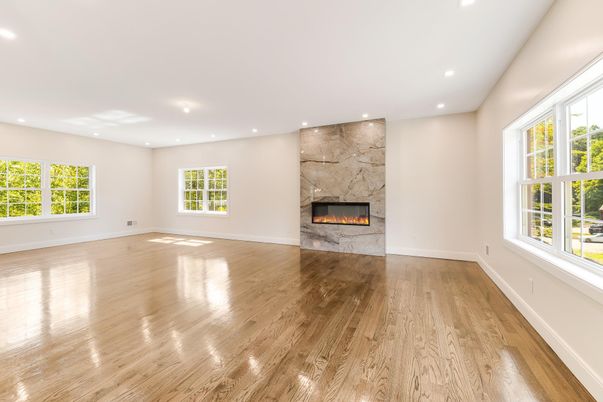 Empty room, Fireplace, Interior, Recessed Lighting, Wood Texture Flooring