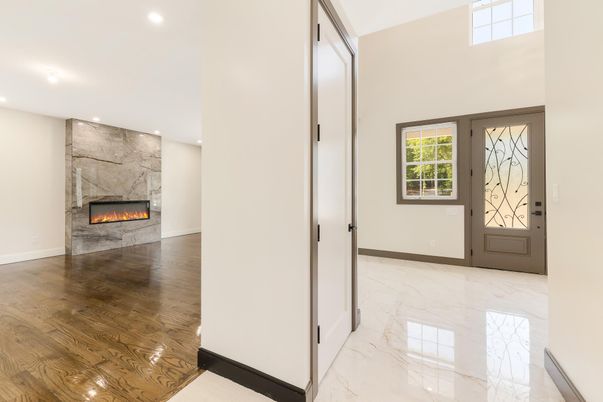 Fireplace, Interior, Marble, Recessed Lighting, Wood Texture Flooring