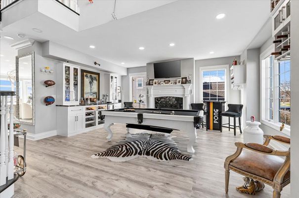 Billiard Table, Fireplace, Game Room, Interior, Recessed Lighting, Wood Texture Flooring