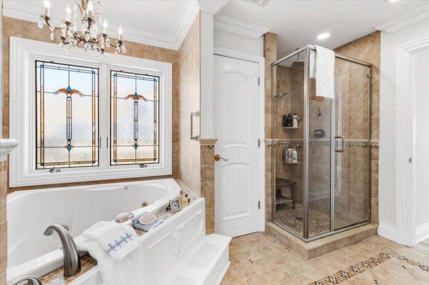 Bathroom, Chandelier, Glass Shower, Interior, Recessed Lighting