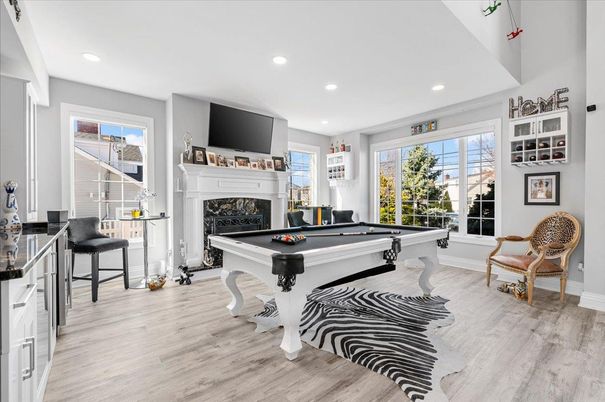 Billiard Table, Fireplace, Game Room, Interior, Recessed Lighting, Wood Texture Flooring