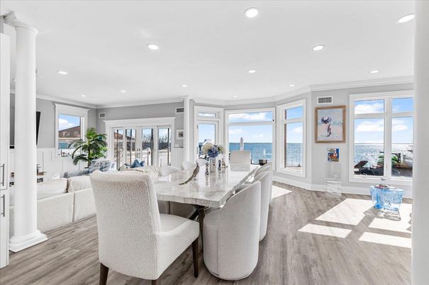 Dining room, Interior, Living room, Recessed Lighting, Water, Wood Texture Flooring