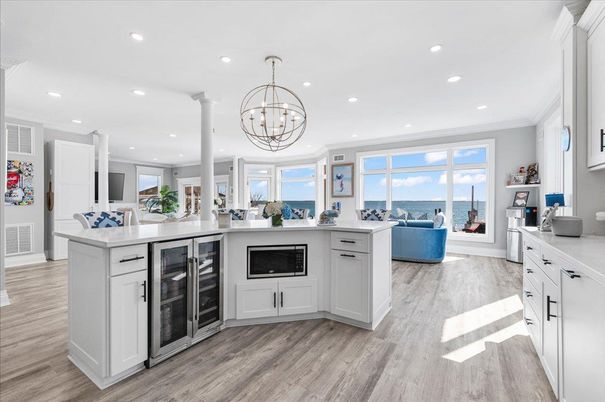 Chandelier, Interior, Kitchen, Living room, Recessed Lighting, Water, Wood Texture Flooring