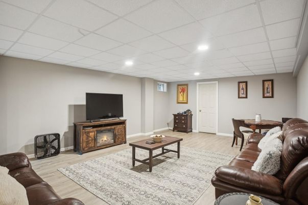 Dining room, Interior, Living room, Recessed Lighting, Wood Texture Flooring