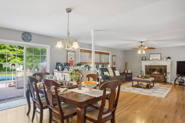 Dining room, Fireplace, Interior, Living room, Pendant Lights, Wood Texture Flooring