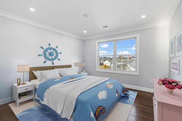 Bedroom, Interior, Recessed Lighting, Wood Texture Flooring