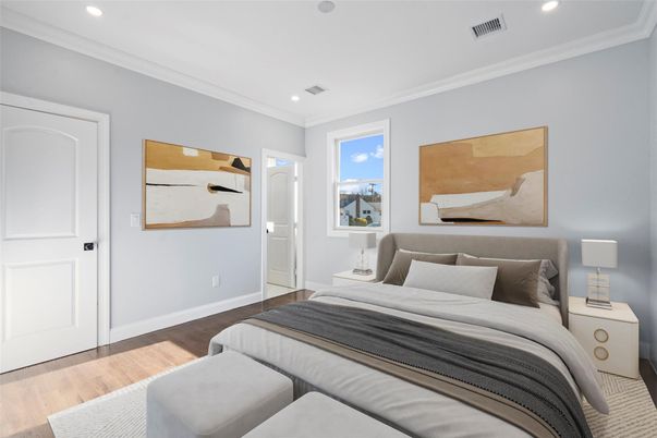 Bedroom, Interior, Recessed Lighting, Wood Texture Flooring