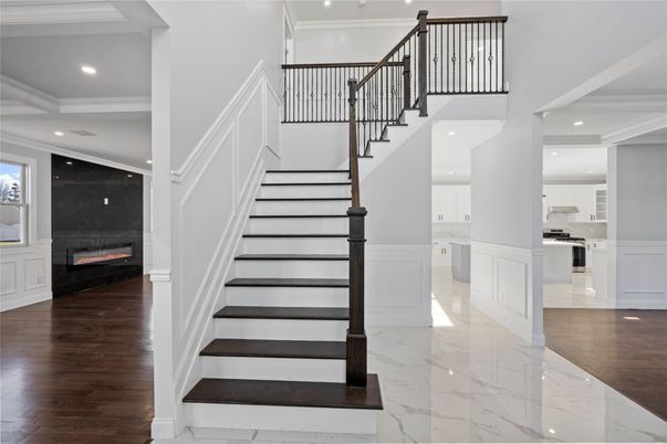 Fireplace, Interior, Kitchen, Marble, Recessed Lighting, Wood Texture Flooring
