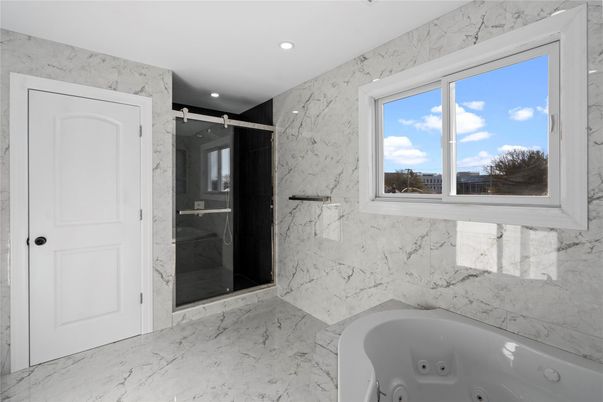 Bathroom, Glass Shower, Interior, Marble, Marble Walls, Recessed Lighting