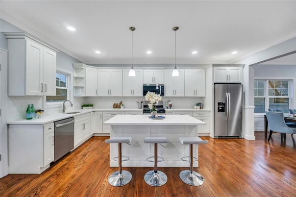 Interior, Kitchen, Pendant Lights, Recessed Lighting, Stainless Steel Appliances, Wood Texture Flooring