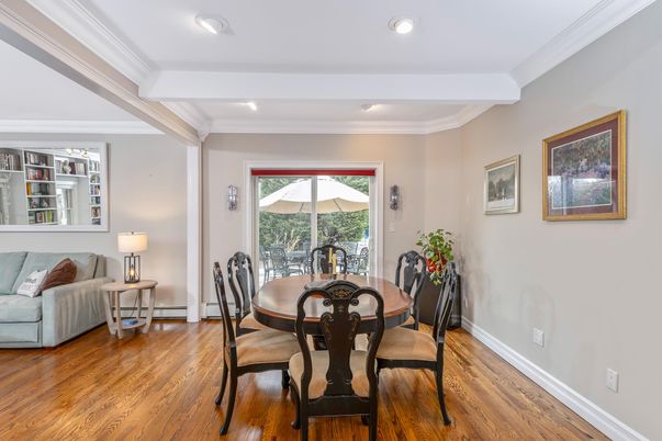 Dining room, Interior, Recessed Lighting, Wood Texture Flooring