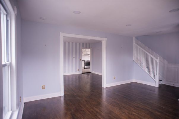 Empty room, Interior, Kitchen, Stainless Steel Appliances, Wood Texture Flooring