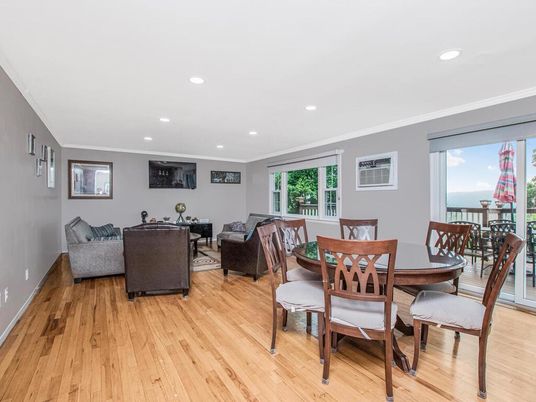 Dining room, Interior, Living room, Recessed Lighting, Water, Wood Texture Flooring