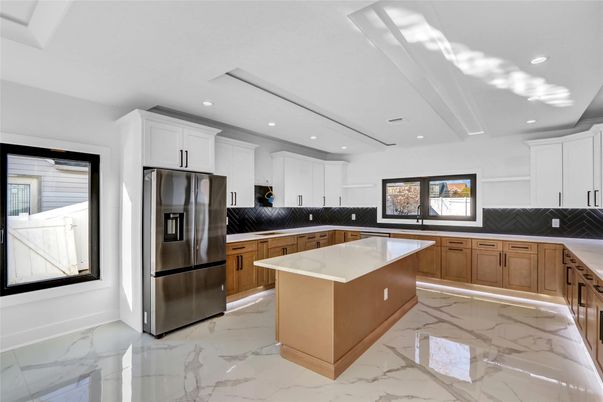 Interior, Kitchen, Marble, Recessed Lighting, Stainless Steel Appliances