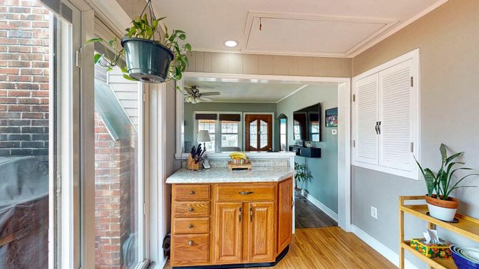 Interior, Recessed Lighting, Stone Walls, Wood Texture Flooring
