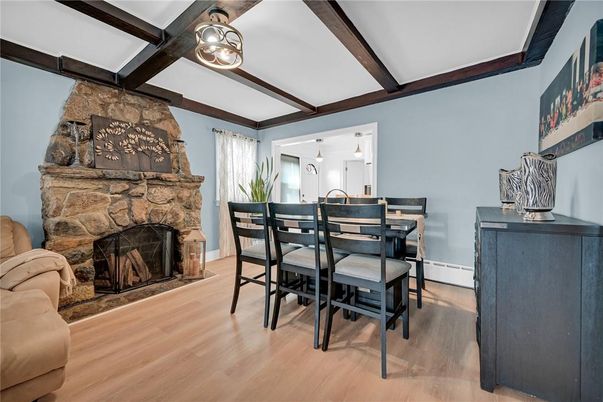 Dining room, Fireplace, Interior, Wooden Beams, Wood Texture Flooring