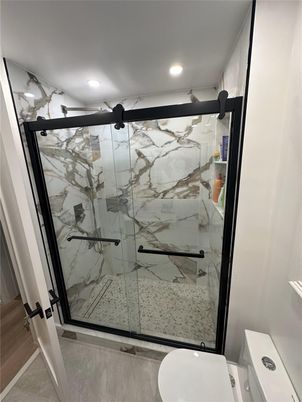 Bathroom, Glass Shower, Interior, Marble Walls, Recessed Lighting