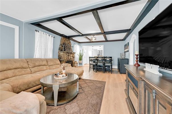 Dining room, Fireplace, Interior, Living room, Wooden Beams, Wood Texture Flooring