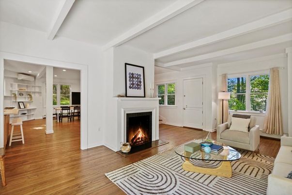 Dining room, Fireplace, Interior, Living room, Recessed Lighting, Wood Texture Flooring